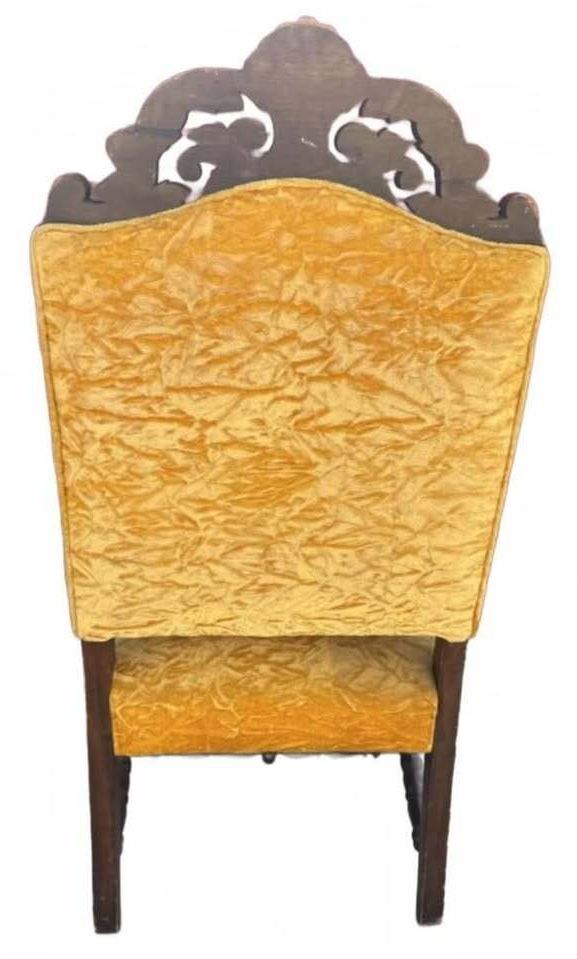 Vintage Upholstered Armchair with Carved Wood Frame and Yellow Velvet Fabric