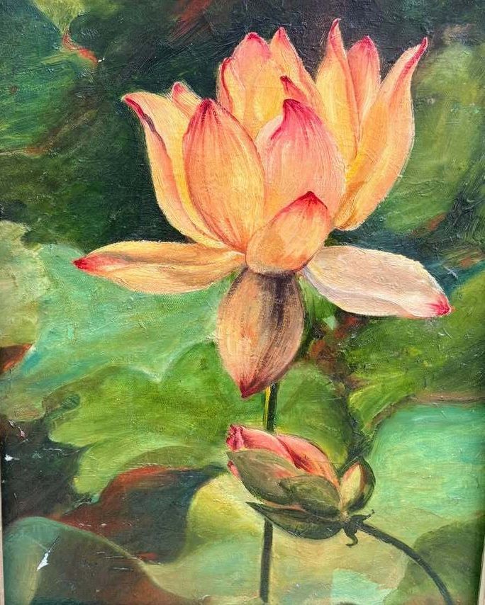 Vintage 11x14 Water Lily Floral Painting Framed Botanical Art