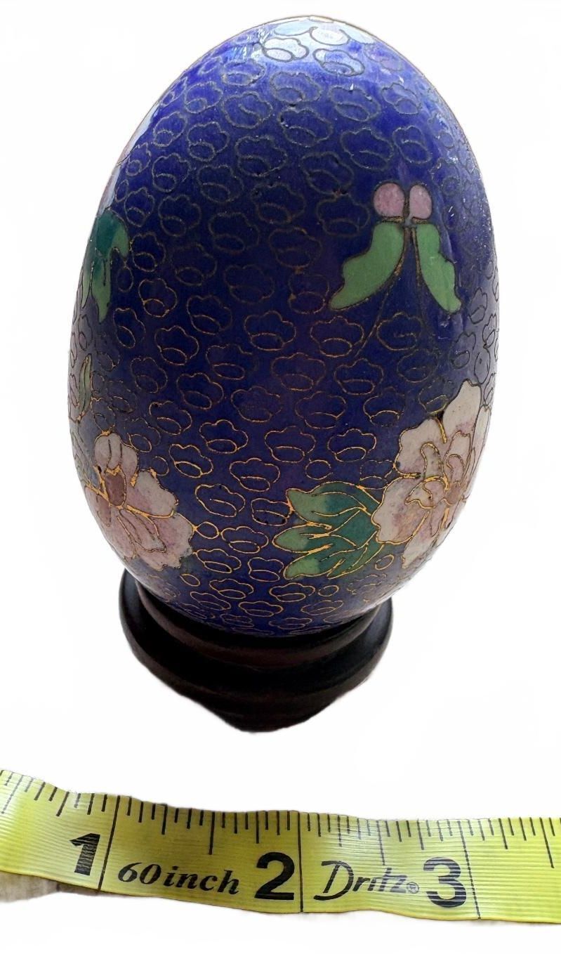Vintage Cloisonné Enamel Floral Egg Ornament on Wooden Stand
