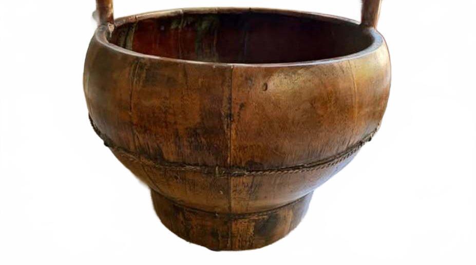 Asian Elm Wood Rice Bowl with Handle and Lid