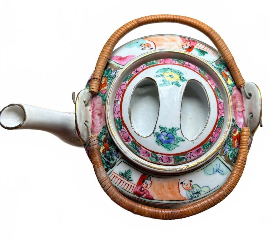 Vintage Chinese Porcelain Teapot with Hand-Painted Floral and Figure Motifs