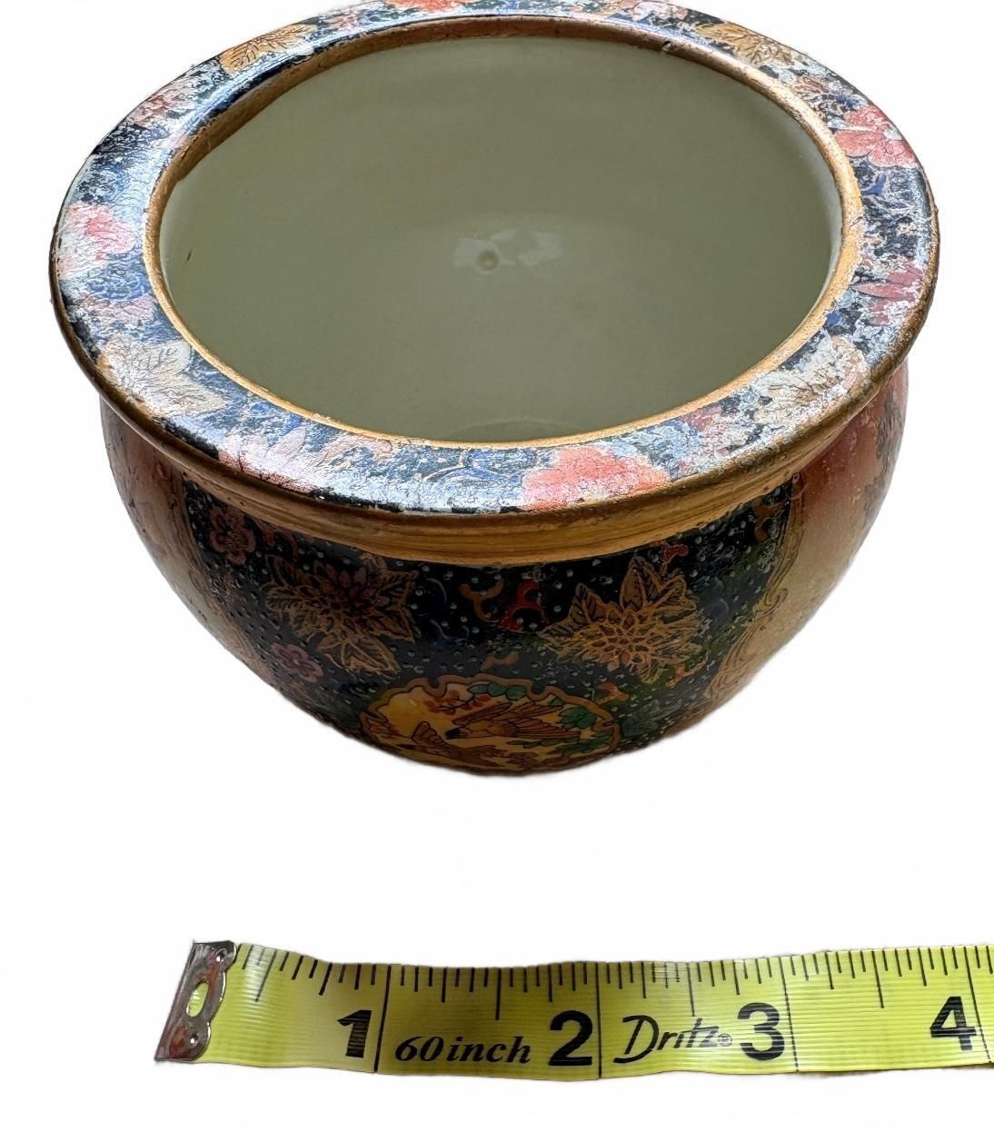 Vintage Japanese Satsuma Miniature Fishbowl Planter with Figural Scene