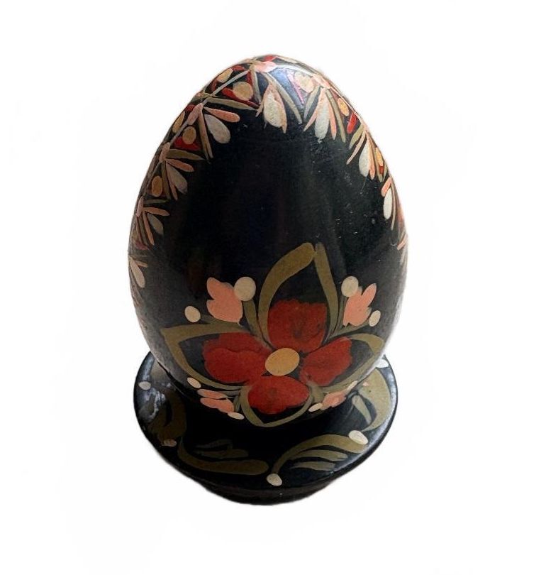 Vintage Hand-Painted Wooden Black Egg with Floral Motif and Stand