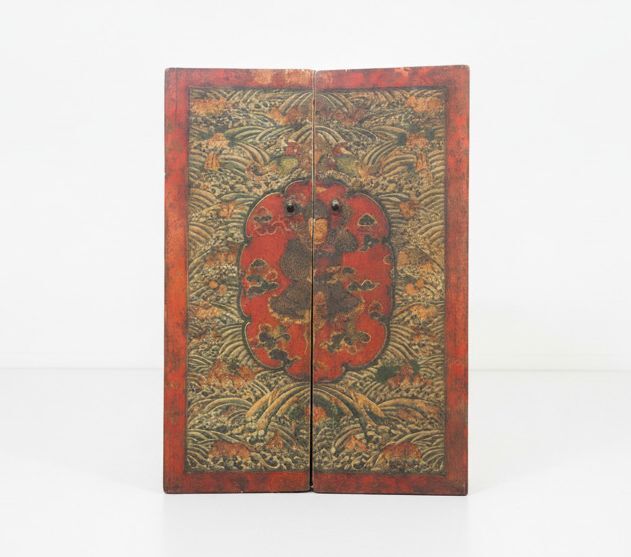 Vintage Hand-Painted Asian Wood Cabinet with Warrior Motif and Red Accents