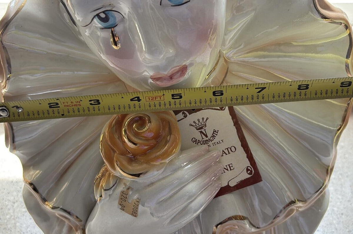 Authenticated 12in Vintage Capodimonte Porcelain Pierrot Bust with Gold Accents