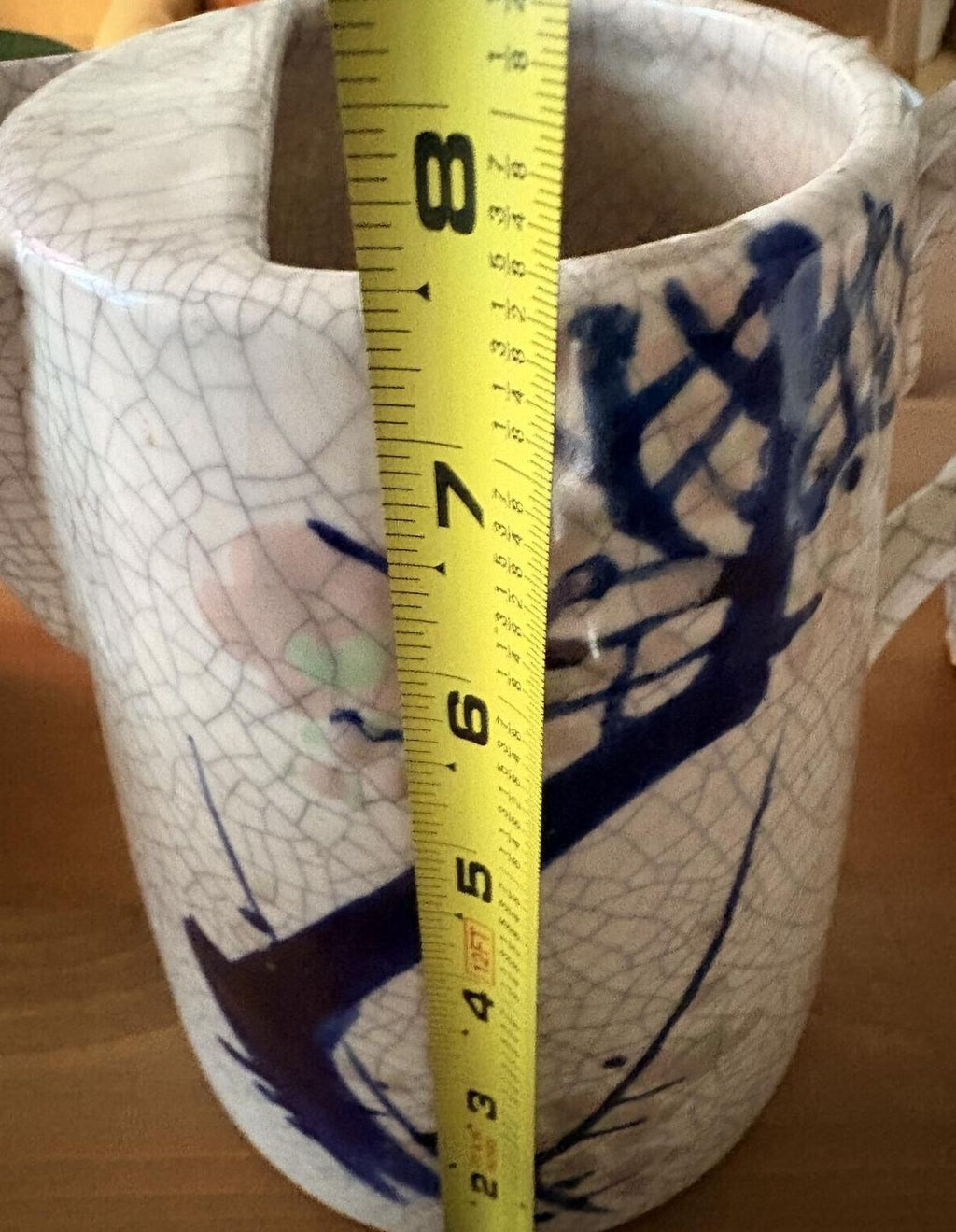 Vintage Ceramic Pitcher with Crackle Glaze and Blue Branch Design