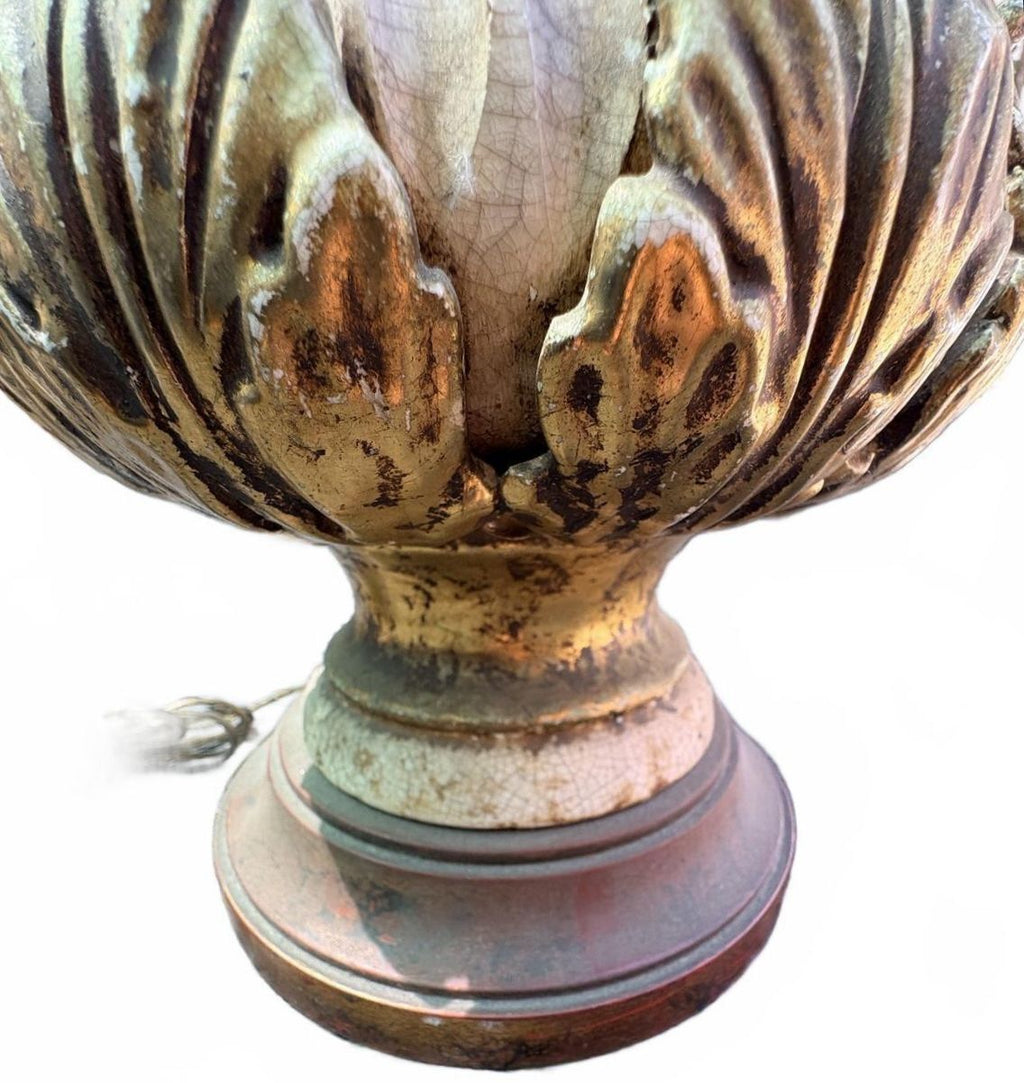 Vintage Ceramic Table Lamp with Ornate Gold Leaf Detailing and Wooden Base