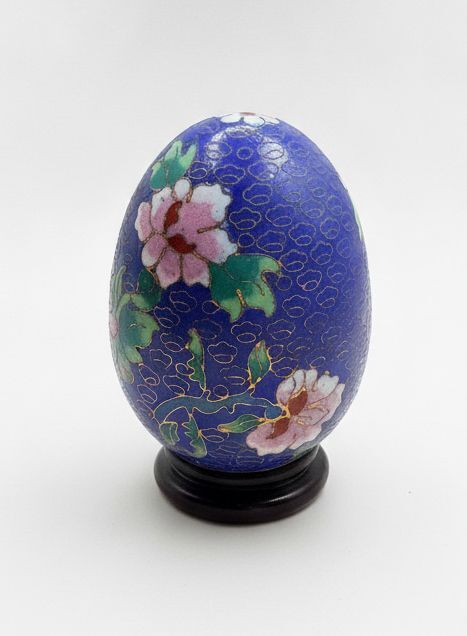 Vintage Cloisonné Enamel Floral Egg Ornament on Wooden Stand