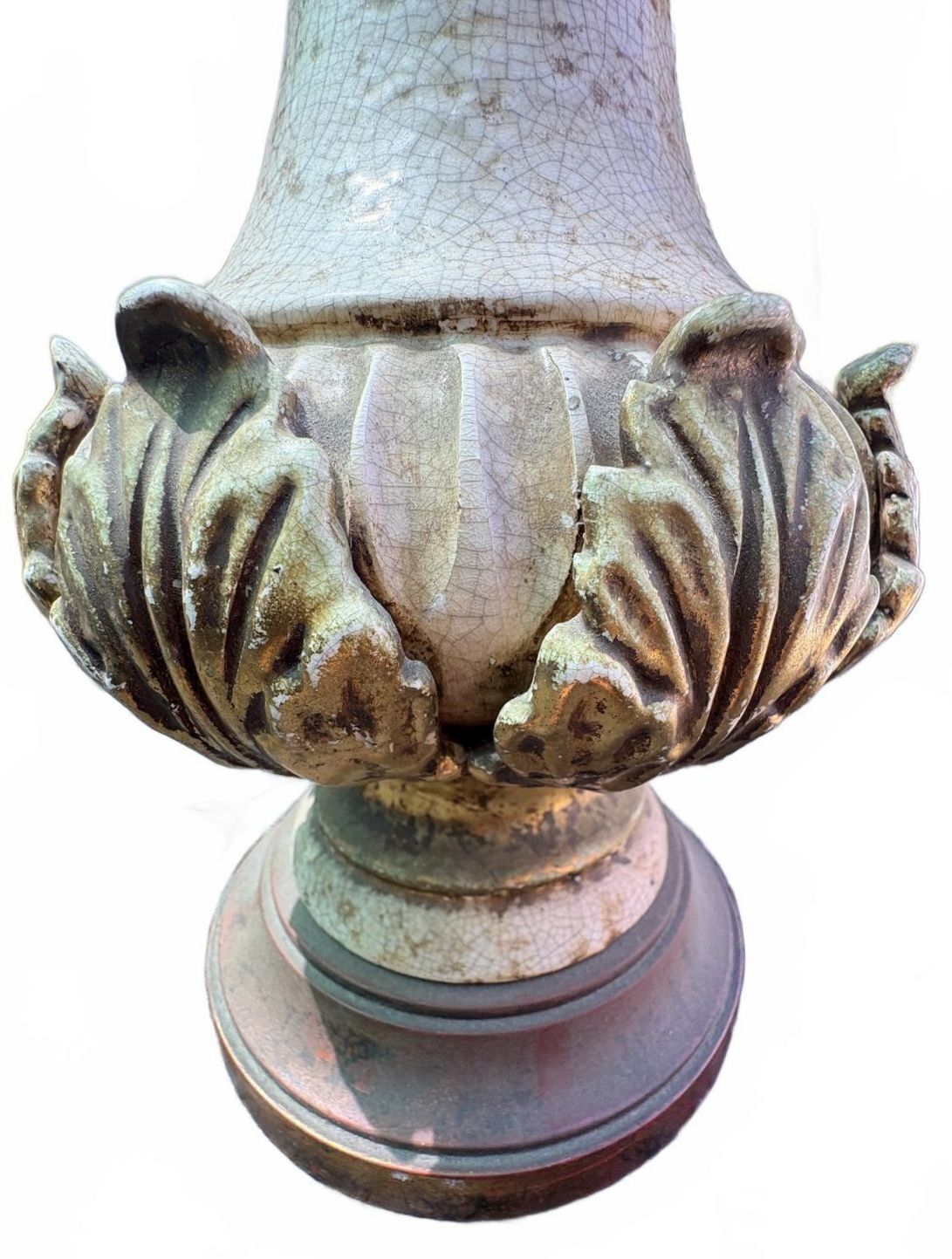 Vintage Ceramic Table Lamp with Ornate Gold Leaf Detailing and Wooden Base
