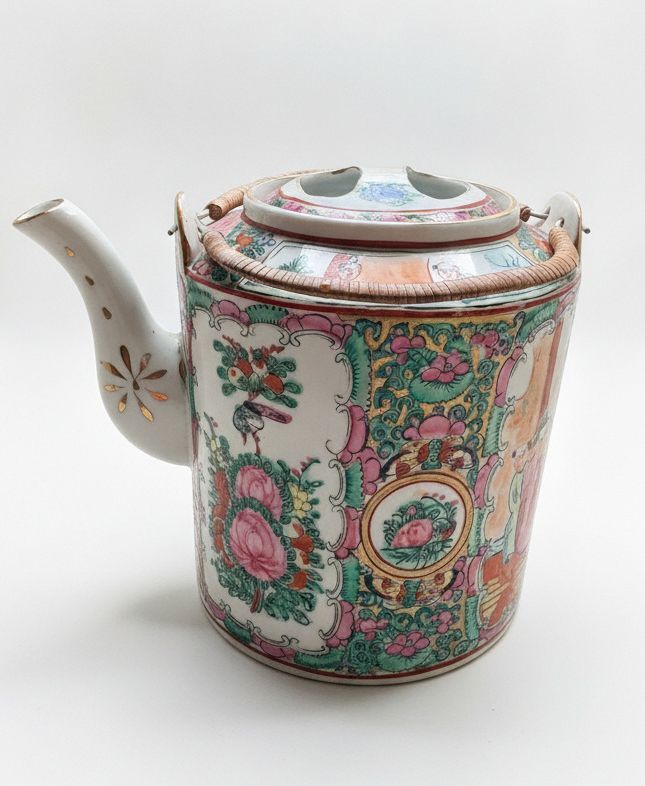 Vintage Chinese Porcelain Teapot with Hand-Painted Floral and Figure Motifs