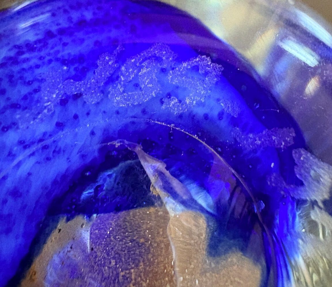 Original Signed 1977 Clear Murano-Style Glass Vase with Blue Floral Inclusions