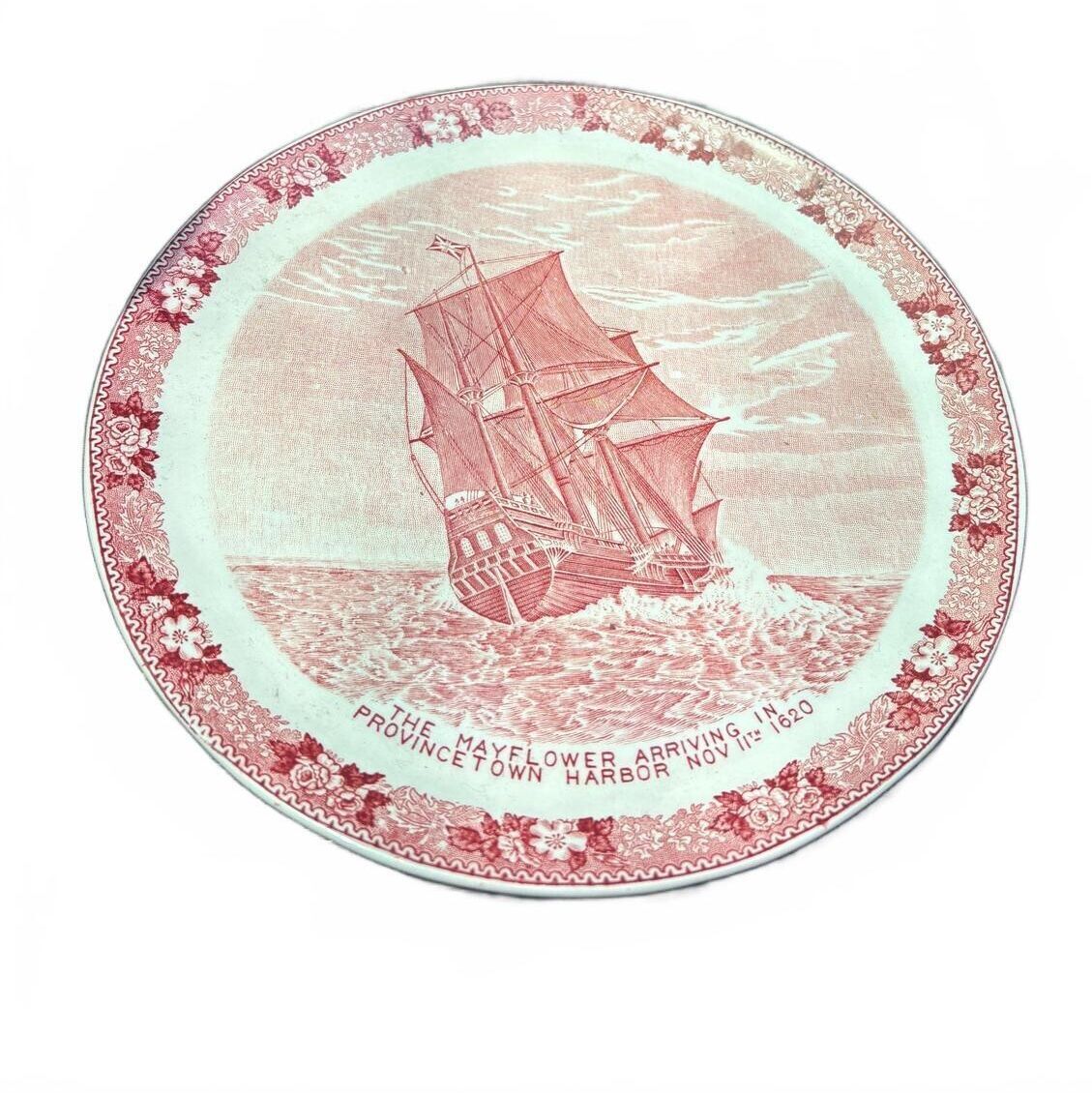 Adams Old English Staffordshire Plate The Mayflower Prow Pictorial Red Transfer