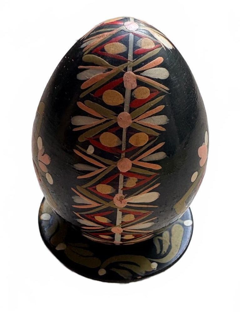 Vintage Hand-Painted Wooden Black Egg with Floral Motif and Stand