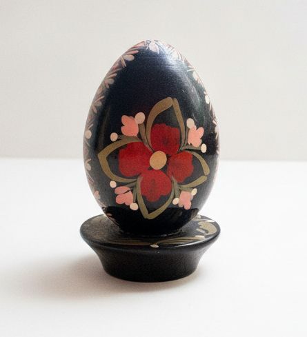 Vintage Hand-Painted Wooden Black Egg with Floral Motif and Stand