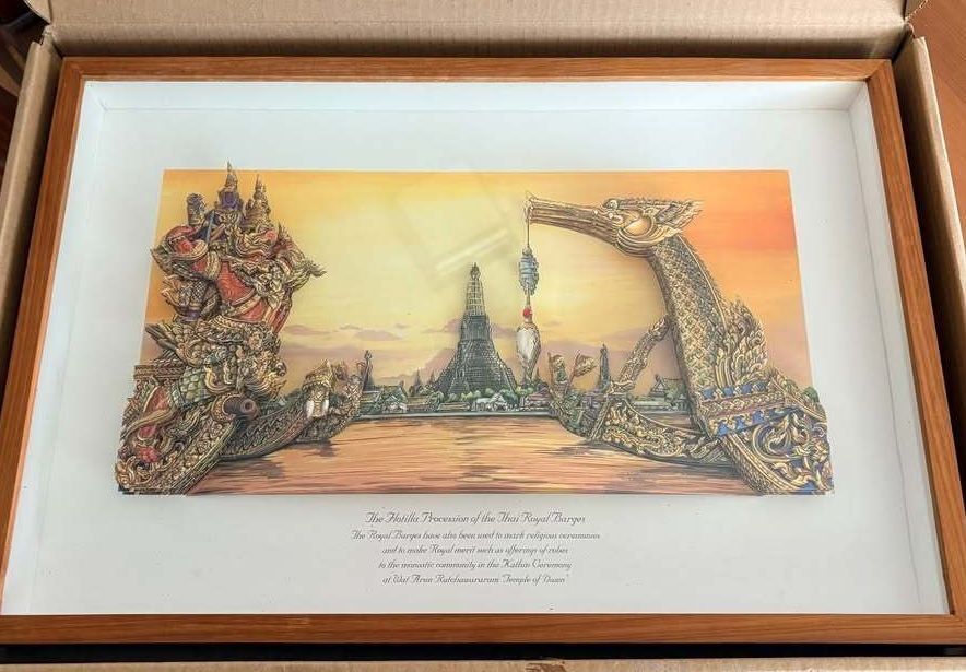 Vintage Thai Royal Barges 3D Art Print Framed Illustration with Cultural Text
